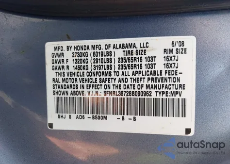 2008 Honda Odyssey Ex-L from USA, damaged, VIN 5FNRL38728B090962